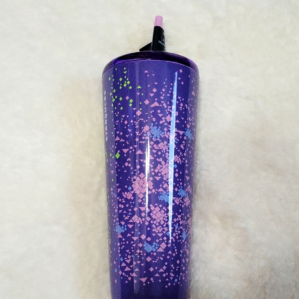 Starbucks 24oz SS Purple & Green Splatter  Tumbler with Sip Or  Straw Lid.